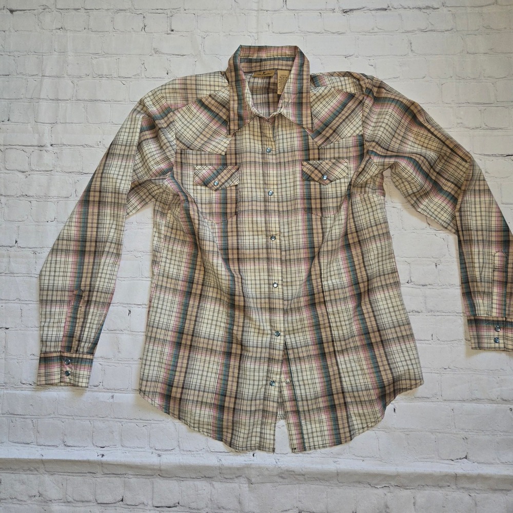 Wrangler Womens Plaid retro Western pearl Snap Shirt Pink Blue Medium